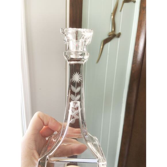 Pair Vintage Etched Glass Tapered Candle Stick Holders Etched Flower on 4 sides - Picture 5 of 6